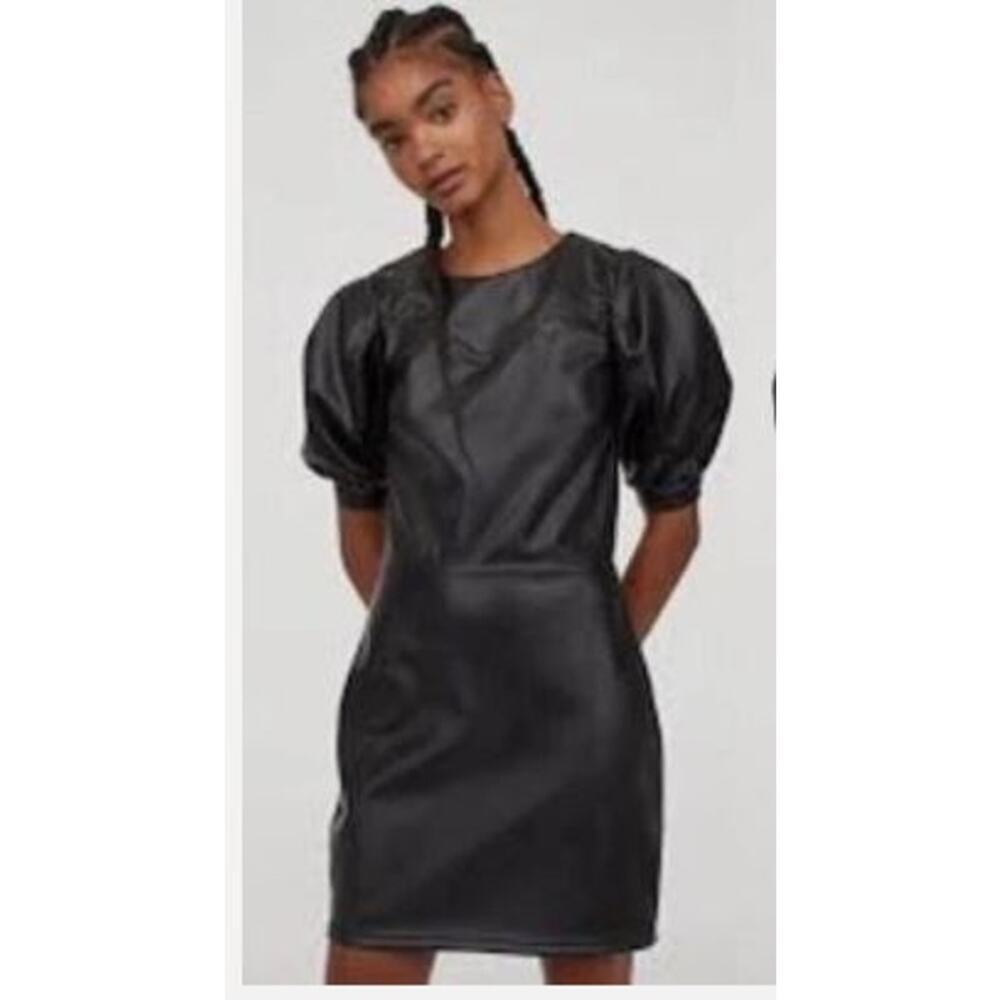 Divided H&M Medium Puff Sleeve Faux Leather Mini Sheath Dress Black Date Night